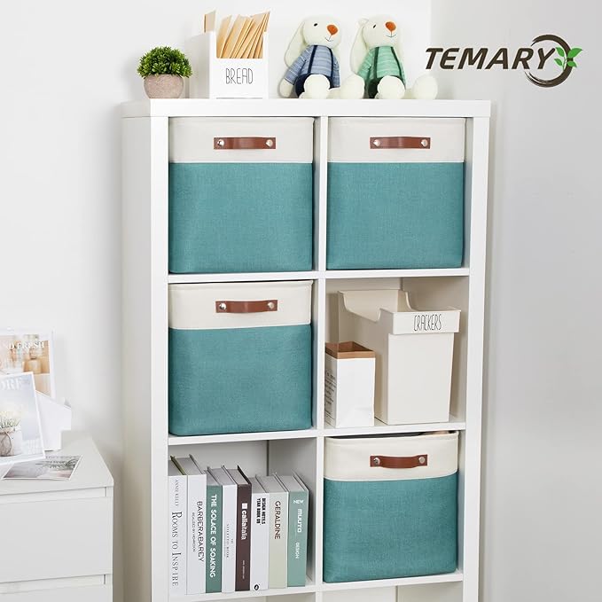 Temary Fabric Storage Cubes 13x13 Storage Baskets for Organizing, 4Pack Large Fabric Storage Bins with Handles Cube Storage Baskets for Storage Clothes, Books (White&Teal)