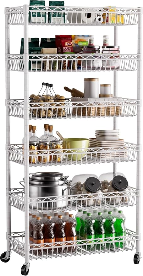 6 Shelves Storage Shelf Wire Closet Bathroom Organizers Metal Pantry Kitchen Garage Shelving Unit Laundry Room Organization Home Rack Net Basket White with Wheels 30" Dx14 Wx65 H