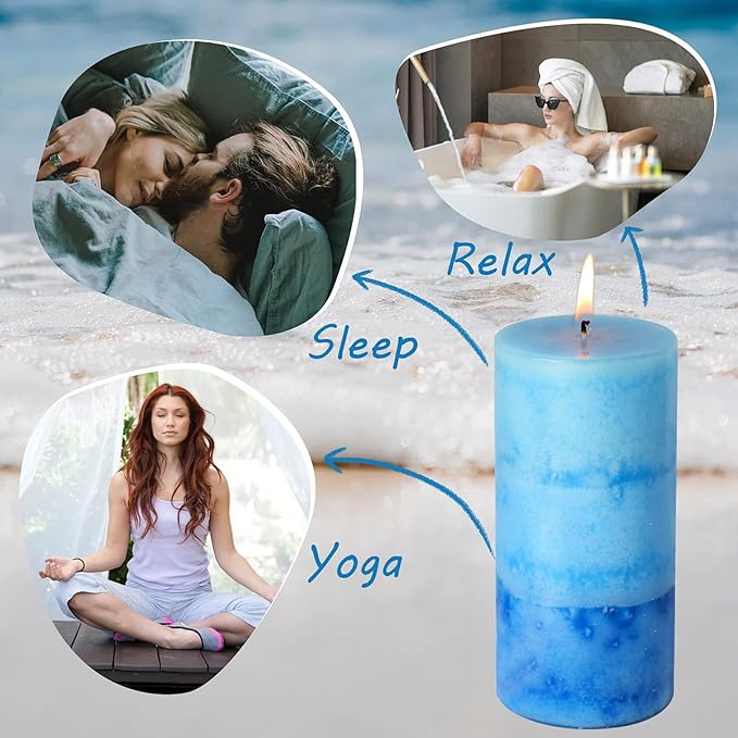 Pillar Candles Ocean Scented, Immeiscent Aromatherapy Candles, 60+ Hours Burn Long Lasting, Blue Mottled Layered Candles for Home Scented, SPA, Restaurant, Set of 3
