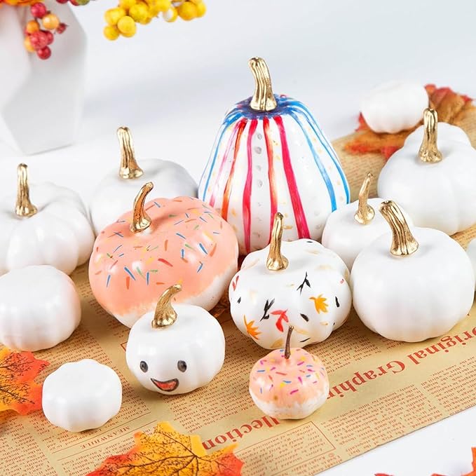 DomeStar 18PCS White Pumpkins for Decoration, Artificial Small White Foam Pumpkins Assorted Sizes for Wedding Thanksgiving Farmhouse Table Decor