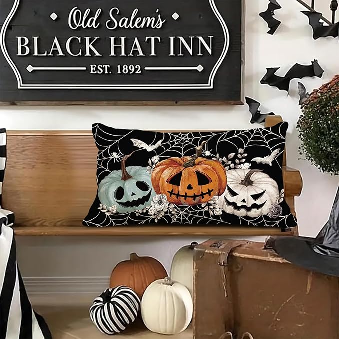Baccessor Halloween Pillow Cover 12x20 Inch, Black Pumpkins Bats Spider Web Lumbar Pillow Case Halloween Decor for Cushion Sofa Couch Indoor Outdoor Decoration 1 Piece