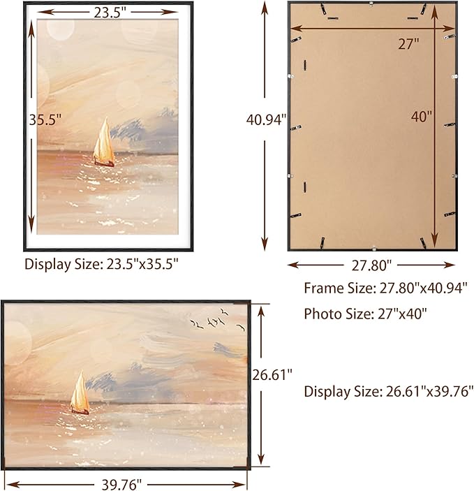 27x40 Black Wood Picture Frame, 27 x 40 Poster Frame for Wall - Solid Oak Wood & Tempered Glass, Rustic Wood 27 by 40 Frames, 27x40 Picture Frame Matted to 24x36, Large Art Frames 27 x 40, 1 Pack
