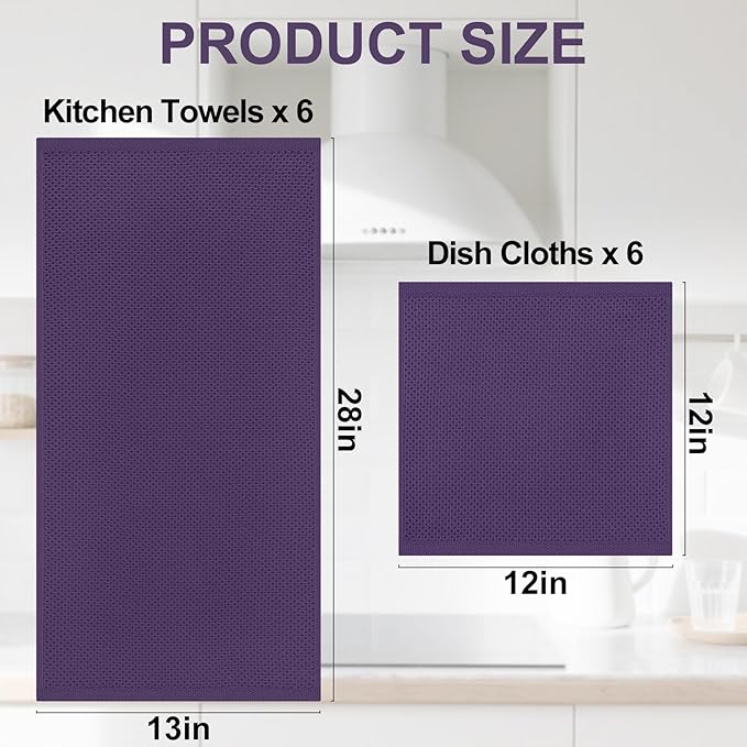 Homaxy 100% Cotton Kitchen Towels and Dishcloths Set, 12 x 12 Inches and 13 x 28 Inches, Set of 12 Bulk Kitchen Towels Set, Ultra Soft Absorbent Dish Cloths for Washing Dishes, Eggplant