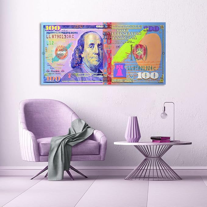 Large Money Poster Prints Inspiratioanal 100 USD Canvas Wall Art US One Hundred Dollars Bill Picture Wall Decor Modern Money Artwork for Living Room Bedroom Home Office, Framed 48 x 24 in