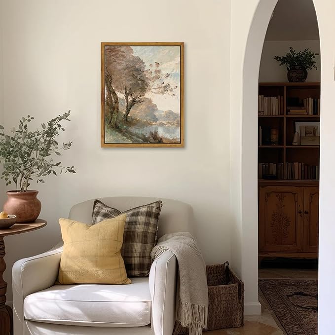 KBKBART Framed Canvas Wall Art Vintage Southwest Decor, Retro Neutral Landscape Riverside Botanical Art Prints Painting, Rustic Farmhouse Wall Decor Ready To Hang for Bedroom, Bathroom, Living Room,