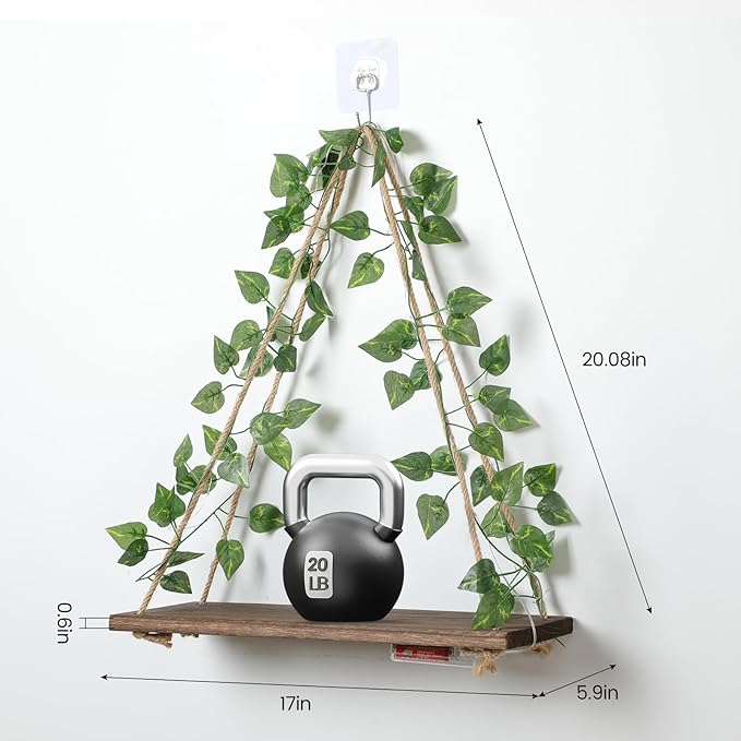 Floating Shelves for Wall No Drilling,Wall Dcorations Art,Hanging Shelf,Leaves and Light Strip with Flower,Set of 2 Plant Decor for Home House Livingroom Bedroom Officer,Boho Decor,Gifts for Woman