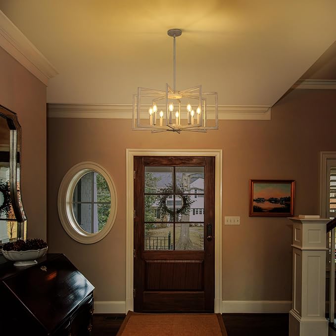 8-Light Antique White Farmhouse Chandeliers for Dining Room, Large French Country Chandelier, Rustic Iron Cage Hanging Light Fixture for Kitchen Island Foyer Living Room Bedroom Staircase