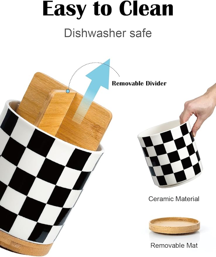 LoeJan 3 Compartment Utensil Holder, Extra Large Utensil Crock, Stable Ceramic Utensil Organizer, Cooking Tool Organizer Set for Kitchen Counter Farmhouse Decor (G-Black(Square))