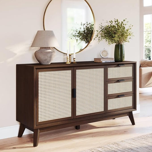 Bme Rattan Pre-Assembled Buffet Sideboard with 3 Drawers & 2 Doors, 58" Accent Console Table Living Room, Kitchen, Dining, Walnut, Jasper Storage Cabinet