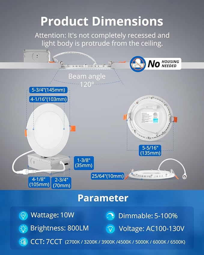 5 Inch LED Recessed Ceiling Light, 10W Dimmable Canless Wafer Downlight, Damp-Rated for Kitchen Living Room Basement Bathroom, Ultra Thin with Junction Box, 800LM 7CCT 2700K-6500K, 8 Pack