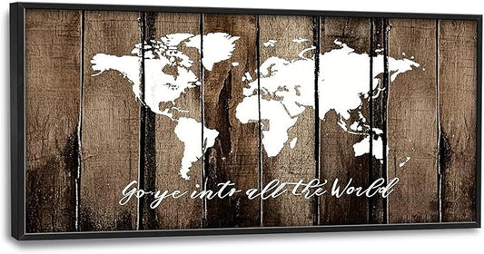 Flintis Large World Map Wall Art Go Ye Into All The World Pictures Wall Decor Abstract Canvas Painting Print Artwork Decoration Framed for Living Room Bathroom Master Bedroom Office 60L x 30W