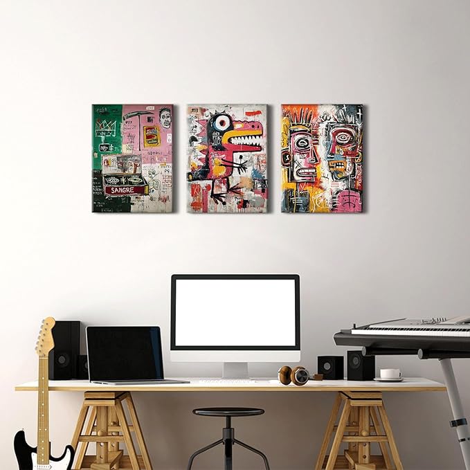 Jean Michel Basquiat Wall Art Set of 3 Framed Basquiat Posters Prints Pictures for Teens Bedroom Decor Graffiti Wall Decor Colorful Abstract Street Pop Art Paintings Artwork Home Decorations 12x16”