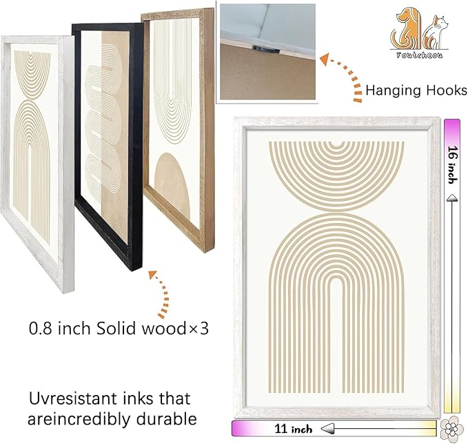 Wall Art Set of 3 Geometric Beige Spiral Wave 16"x11" Wooden Framed Mid Century Organic Abstract Neutral Sign Prints Nordic Boho Office Living Room Master Bedroom Wall Hang Decor (White)