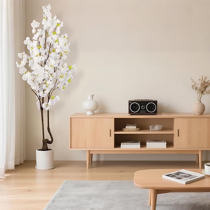 Faux White Cherry Blossom Tree 7ft(84in) Tall Artificial Plant Indoor Decor Handmade Natural Fake White Flower Tree for Wedding Realistic Cherry Plant in Pot for Home Living Room,Office,Outdoor Decor.