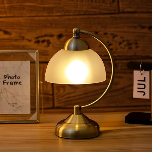 Small Modern Touch Glass Bedside Table Lamp, 7 x 7 x 10 Inch Bronze Base Table Lamp for Bedrooms and Office (White Frosted Glass Shade)