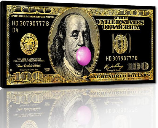 Large Size 1 Big Panel Motivational Money Art Print Dollars Canvas wall Decor for Men Abstract Creative Funny Franklin 100 Dollar Money Art Modern Home Office Wall Decorations Easy to Hang-48"Wx24"H