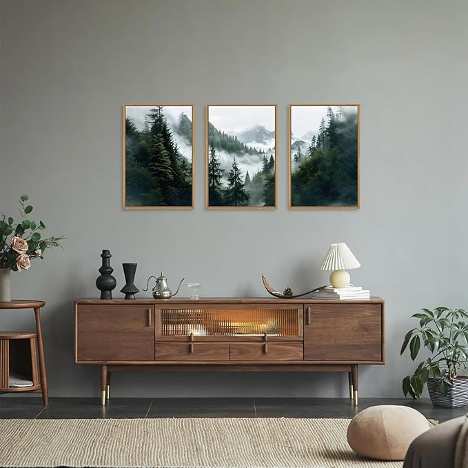 HOURIA Natural Sage Green Forest Mountain Framed Canvas Wall Art Set,Foggy Woodland Ridge Wall Decor,Misty Pine Tree Artwork,Boho Botanical Art Prints for Living Room, Bedroom, Farmhouse-24 x36 x3