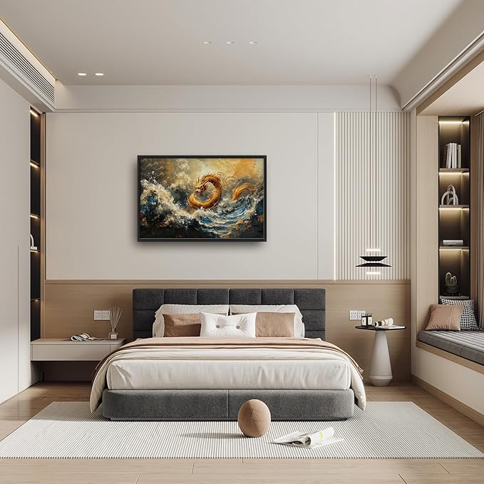 Flintis Large Golden Dragon Framed Wall Art Japanese Waves Pictures Wall Decor Abstract Asian Wild Animal Canvas Painting Print Artworks Framed for Living Room Bathroom Master Bedroom 36L X 24W