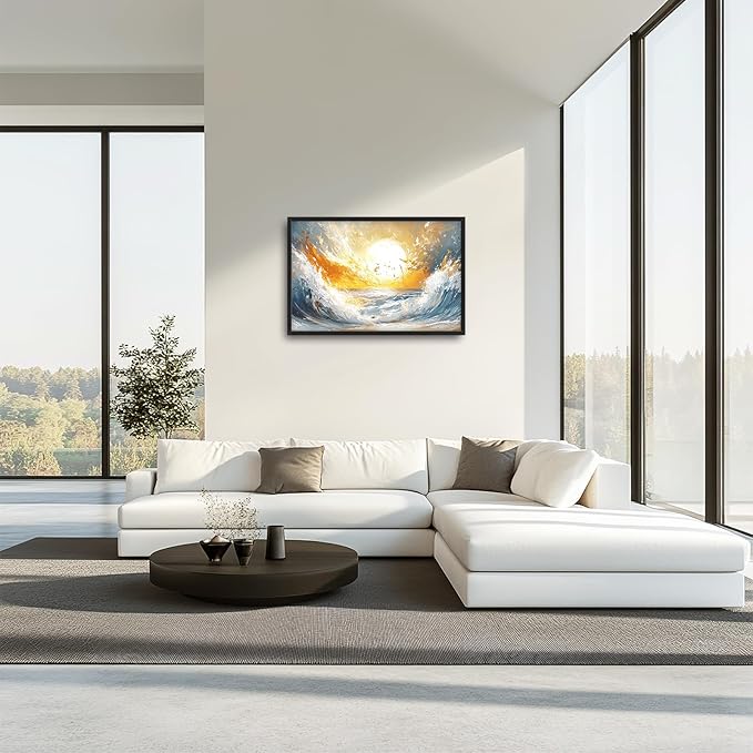 Trulave Ocean Sea Framed Wall Art for Living Room, Large Waves Canvas Wall Decor, Vintage Beach Sunset Pictures, Modern Artwork for Bathroom Bedroom 36L'' × 24W''