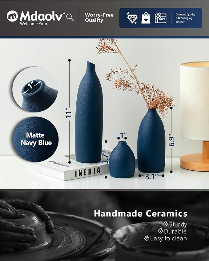 Matte Blue Vase Set Navy Blue Decor Coastal Decor Vases for Kitchen Island Living Room Office Table Fireplace Mantle Decorations & Bathroom Shelf Decor Centerpiece Table Decorations Ceramic