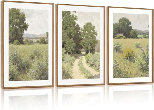 CHDITB Rustic Landscape Framed Canvas Wall Art Set, Nature Inspired Wall Decor, Countryside Path Artwork Spiritual Painting, Vintage Art Prints for Living Room, Bedroom, Office 24"x36"x3