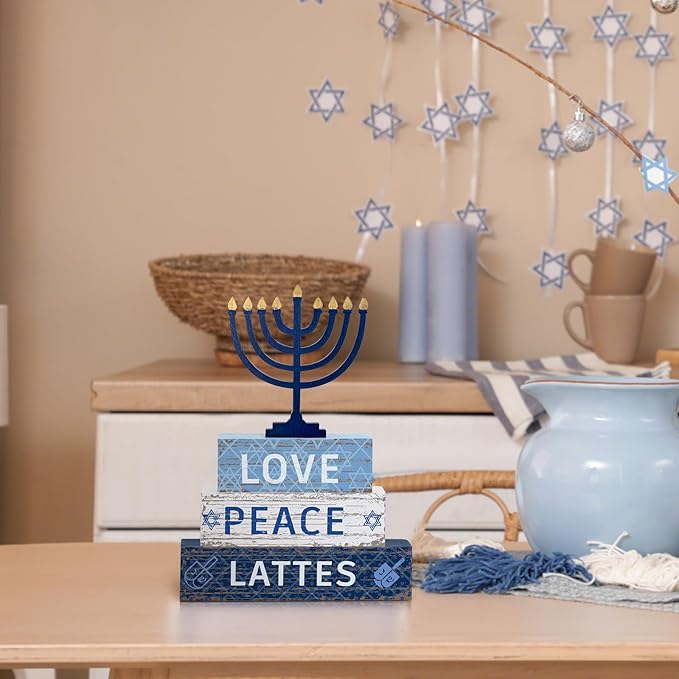 Geelin 4 Pcs Hanukkah Decorations for Home 3 Layered Wood Block with Dreidel Star of David Menorah Hanukkah Decor Blue and White Jewish Judaism Chanukah Decor for Mantel Tabletop Party