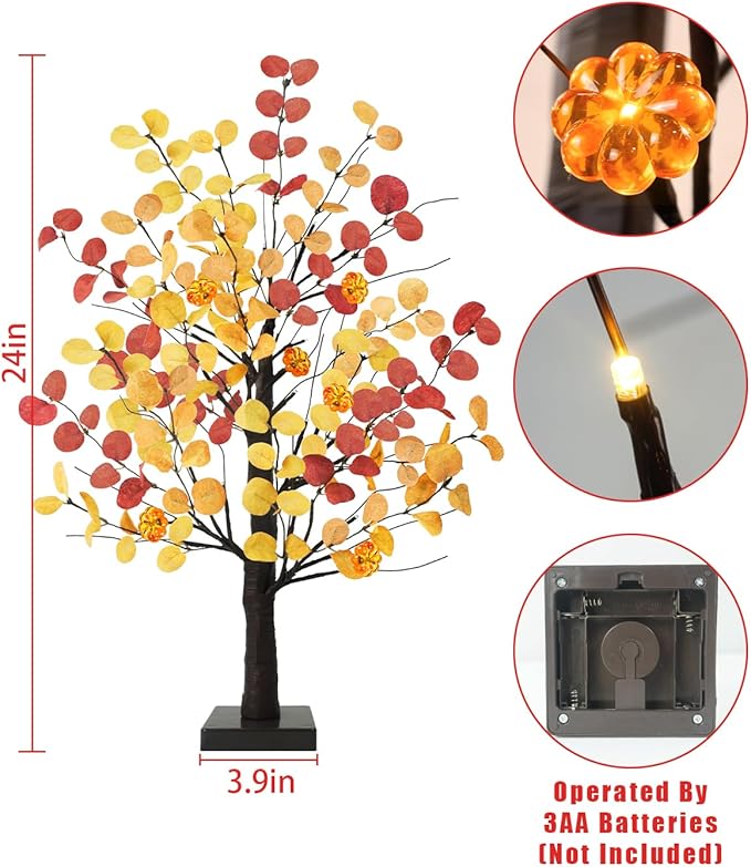 Uieke 24inch Artificial Fall Eucalyptus Tree 24 LED Prelit Tabletop Fall Tree with 6 Pumpkin Lights Battery Operated with Timer, Fall Decorations for Home Thanksgiving Halloween Decor