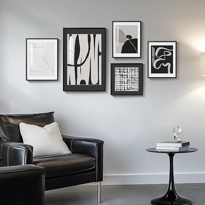 Framed Black and White Abstract Wall Art for Living Room, 5 Piece Modern Art Prints Paintings Artwork for Walls, Minimalist Pictures for Hallway Fireplace Dining Bedroom Office Bathroom Wall Decor