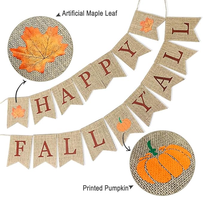Happy Fall Yall Burlap Banner for Fireplace Thanksgiving Decor Fall Sign Mantel Autumn Rustic Maple Leaf Pumpkin Harvest Banner Autumn Hanging Decorations Wall Indoor Outdoor Office Home Back Drop