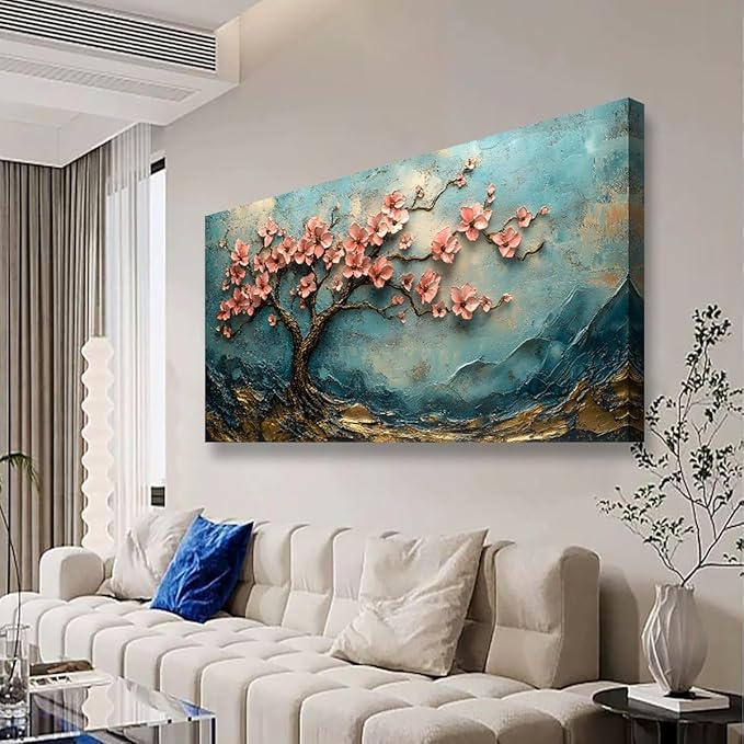 Tree of Life Pink Flowers and Golden Trees Pictures Canvas Wall Art for Living room Office Bedroom Teal Mountain Abstract Wall Decor Art Print Paintings Modern Plum Blossom Artwork -20x40inch