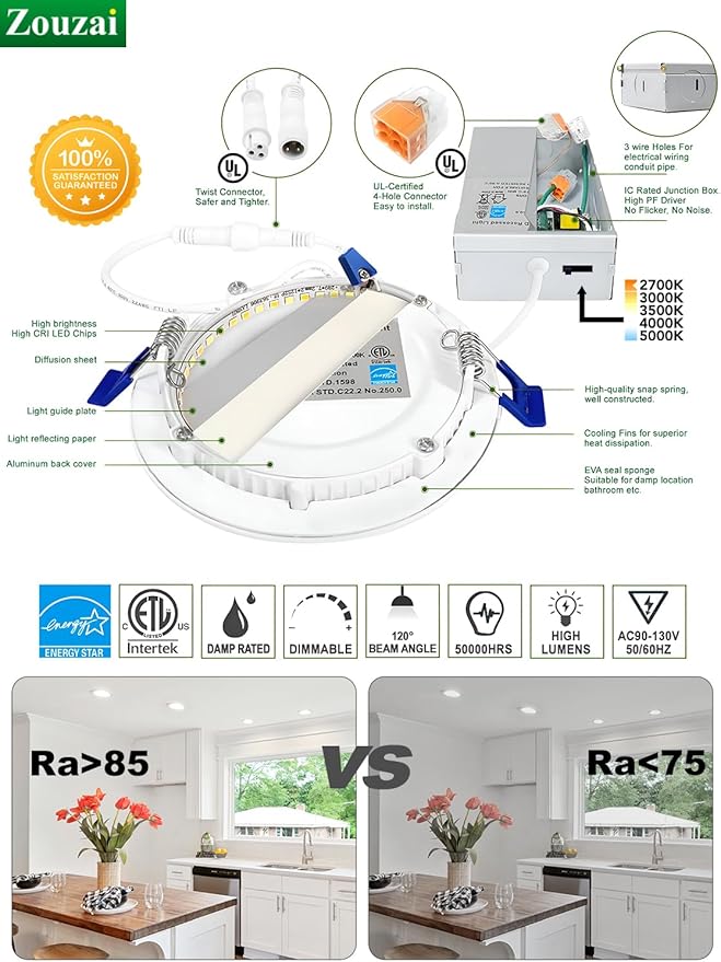zouzai 24 Pack 4 Inch Ultra-Thin LED Recessed Ceiling Light with Junction Box 5CCT Adjustable Dimmable Can-Killer Downlight - ETL and Energy Star Certified (24 Pack 5CCT White, 4 Inch)