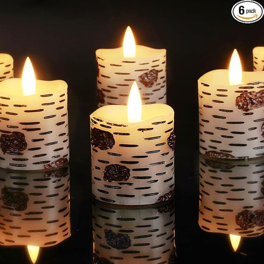 Homemory Flameless Votive Candles with Timer, 2" x 2" Birch Bark Real Wax, 400+Hour Realistic Black Wick Battery Operated Fake Candles, 6 Pack for Wedding, Party and Holiday Decoration