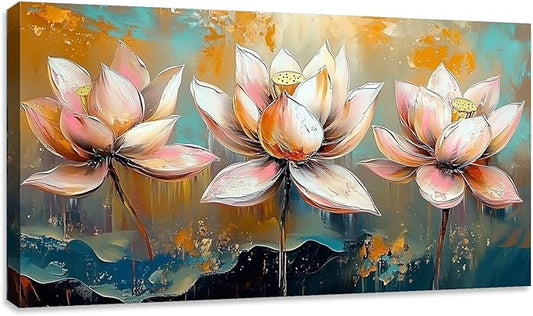 Large Zen Canvas Wall Art Pink Lotus Flower Picture Wall Decor Landscape Painting Artwork Framed for Bedroom Living Room Kitchen Room Office Home Decor 60L x 30W