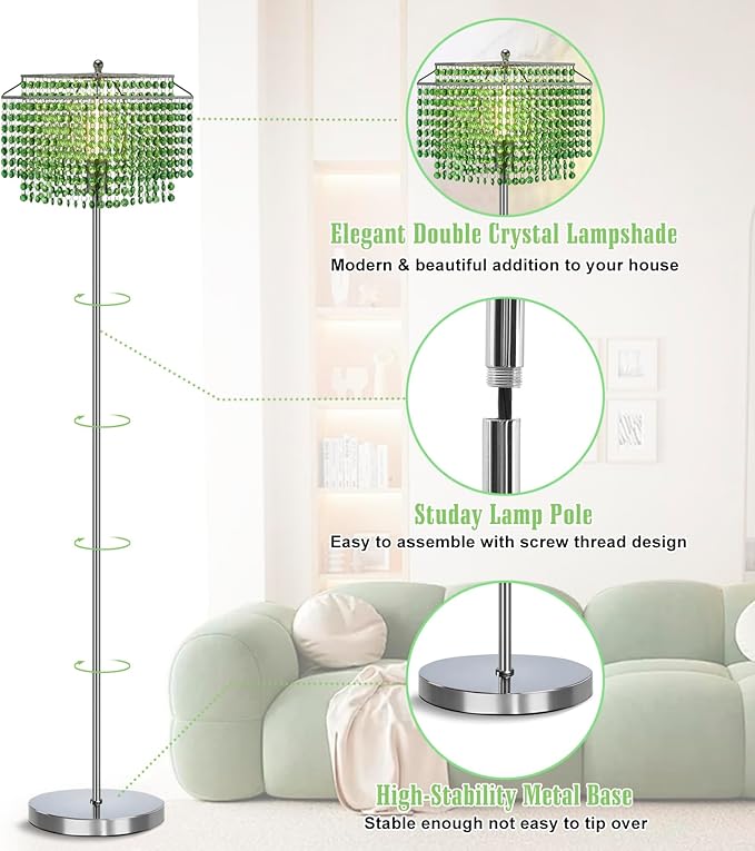 Crystal Floor Lamp, 64" Tall Elegant Standing Lamp with On-Off Foot Switch, Silver Lamp with Green Double-Layer Crystal Lampshade , Standing Lamps for Bedroom, Living Room, Office, 8W Bulb Included