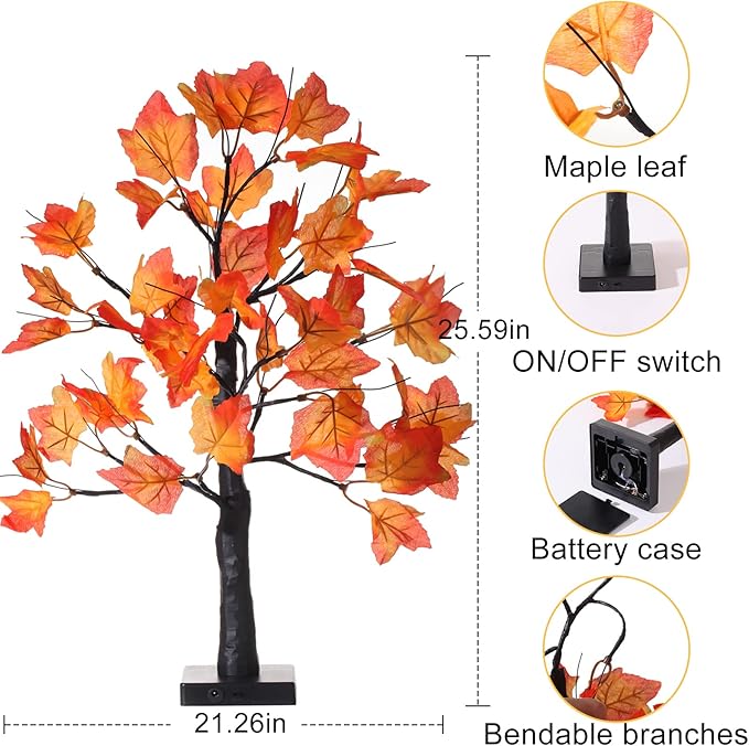 2 Pack Fall Lighted Maple Tree 48 LED Lights Thanksgiving Decoration Artificial Tree Lights 20 inch Battery or USB Powered DIY Table Light for Desktop Autumn Harvest Party Indoor Decor