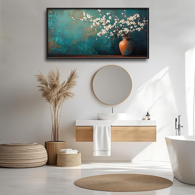 Teal Flowers Framed Wall Art for Living Room, Large Florals in Vase Canvas Wall Decor, Vintage Canvas Pictures Painting, Modern Artwork for Bathroom Bedroom 60L'' × 30W''