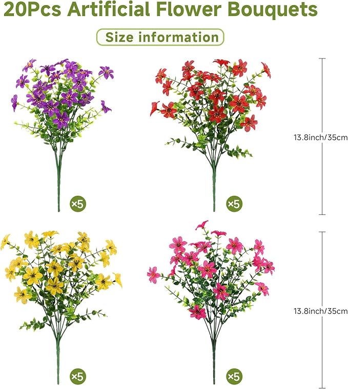 SHareconn Artificial Flowers for Outdoors Spring Decoration, Fake Silk Realistic Faux Plants UV Resistant for Outdoor Planter Porch Patio Summer Outside Decor, 20 Bundles,RedRosyPurpleYellow