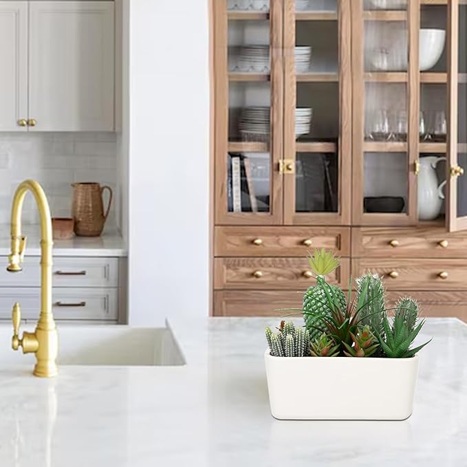 Artificial Succulents Plants in Ceramic Planter, Assorted Green Fake Plants in White Pots, Fake Succulents Plants Artificial with Ceramic Potted for Bathroom Home Office Living Room Table Decor