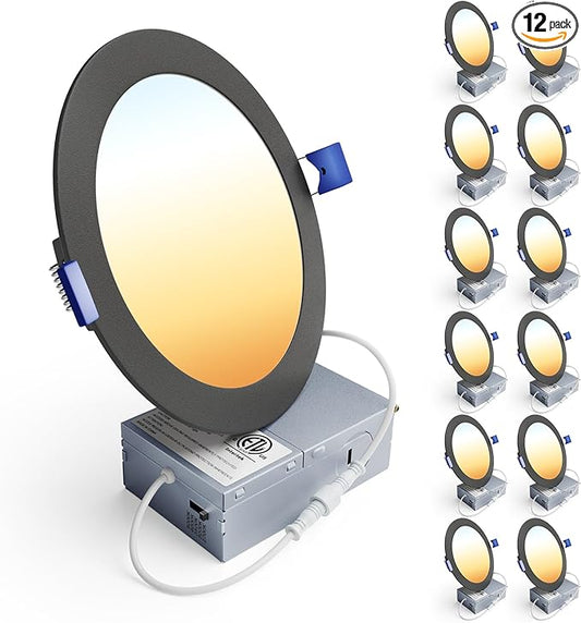Ensenior 12 Pack 6 Inch LED Recessed Ceiling Light Black, Dimmable, 2700K-5000K 5CCT, 1200LM 12W 120V, High Brightness Canless Wafer Downlight - ETL&FCC&IC
