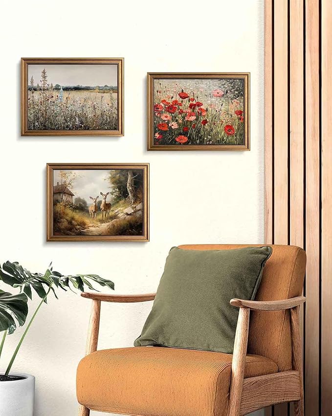 Gold Framed Vintage Wall Art Classical French Landscape Wildflowers Botanical Painting Canvas Print Kitchen Living Room Wall Decor (Champ Fleuri, 16L x 12W)
