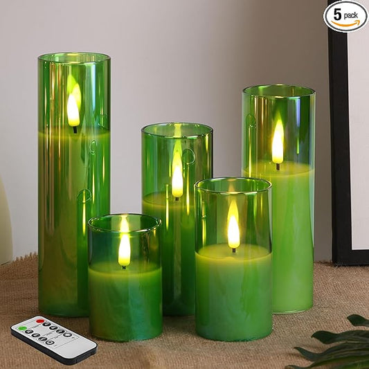 Eywamage Green Glass Flameless Candles with Remote Batteries, Flickering Slim Tall LED Pillar Votive Candles Set of 5