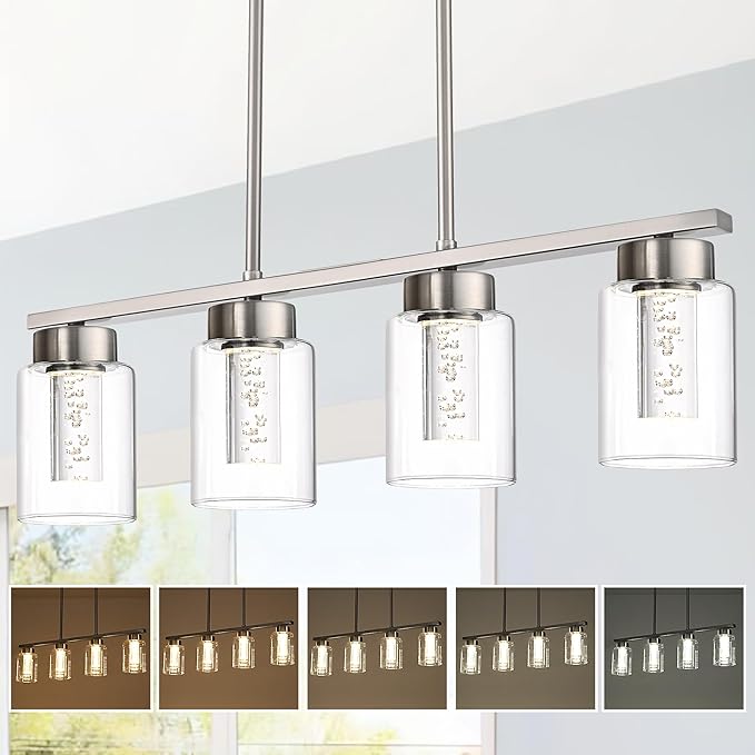 5CCT LED Brushed Nickel Pendant Light Fixtures LED Integrated Bulbs Included, 4-Light Farmhouse Chandedlier for Dining Room, Clear Glass Kitchen Island Light Fixture
