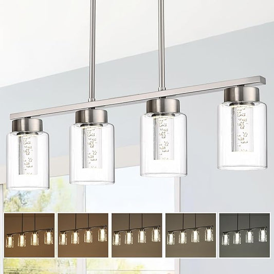 5CCT LED Brushed Nickel Pendant Light Fixtures LED Integrated Bulbs Included, 4-Light Farmhouse Chandedlier for Dining Room, Clear Glass Kitchen Island Light Fixture