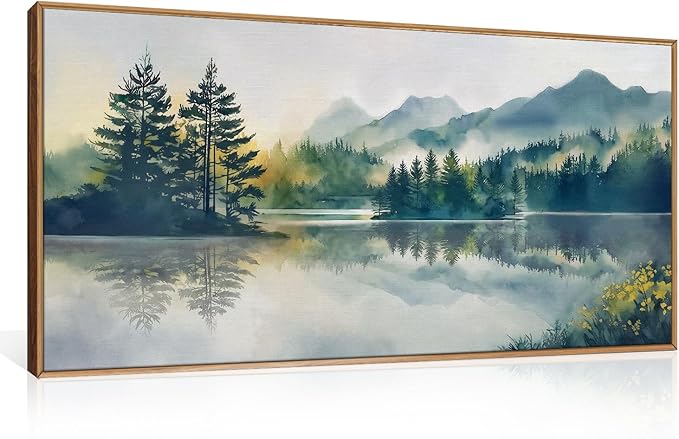 HPNIUB Large Green Mountain Framed Canvas Wall Art Set, Nature Foggy Forest Lake Reflection Wall Decor,Modern Pine Tree Artwork,Watercolor Landscape Art Print for Living Room,Bedroom,Office-20 x40