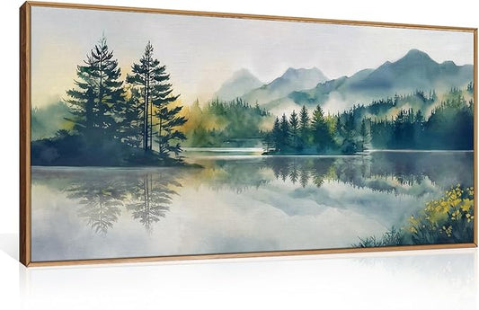 HPNIUB Large Green Mountain Framed Canvas Wall Art Set, Nature Foggy Forest Lake Reflection Wall Decor,Modern Pine Tree Artwork,Watercolor Landscape Art Print for Living Room,Bedroom,Office-20 x40