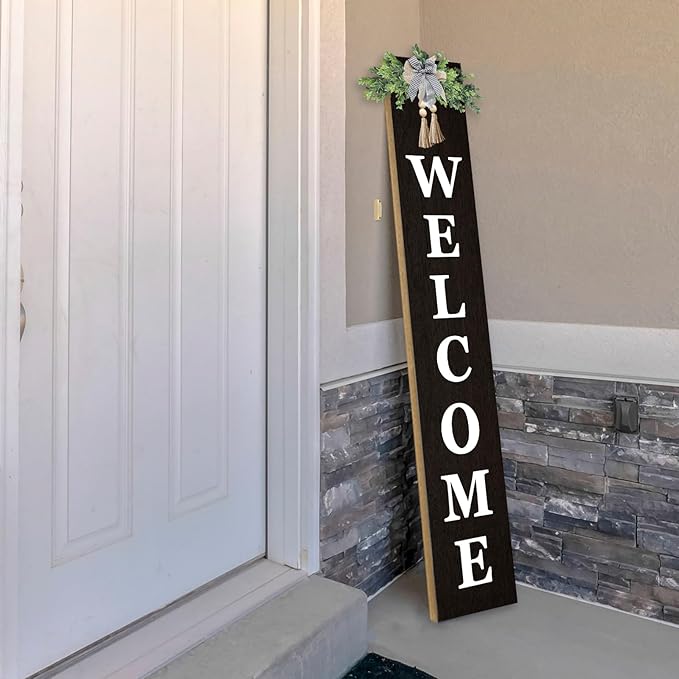 Outdoor Welcome Sign for Front Door Standing 47"X8" Large Farmhouse Wood Framed Tall Leaner Vertical Decor Rustic Home Outside Welcome Sign for Front Porch Decoration (Black)