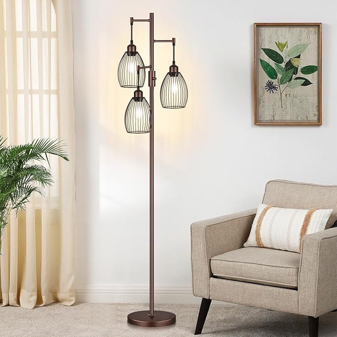 Dimmable Farmhouse Industrial Floor Lamp, Matte Brown Tree Standing Tall Lamps with 3 Elegant Teardrop Cage Head & 800 Lumens LED Edison Bulbs for Living Room Bedroom Office Dining Room