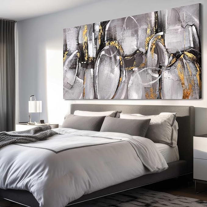 XIANSHOU Black and Grey Painting Pictures Abstract Wall Decor for Office 29"x 58" Modern Artwork Gold Foil Wall Art for Living Room Dining Room Bedroom
