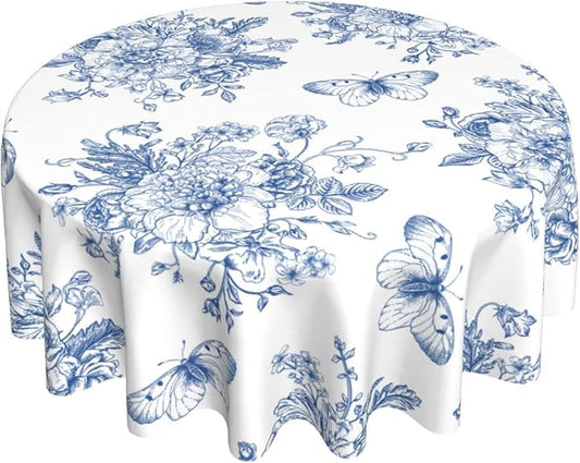 Spring Floral Tablecloth Round 60 Inch Ruitic Butterfly Table Cloth Waterproof Fabric Farmhouse Blue White Flower Tablecloths Decorative for Holiday Home Party Wedding Picnic