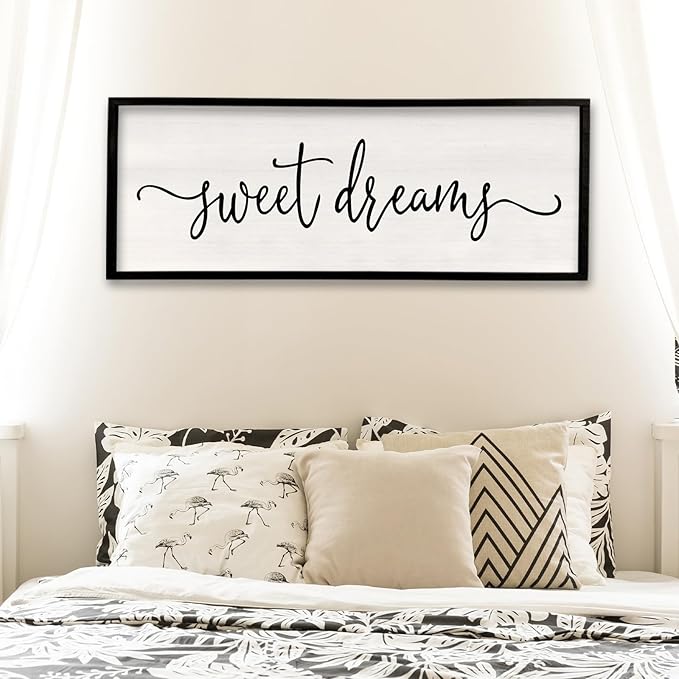 Surfapans Sweet Dreams Wall Decor Above Bed 32"x12" Master Bedroom Guest Room Wood Framed Rustic Over Bed Wall Art Sign (Black)